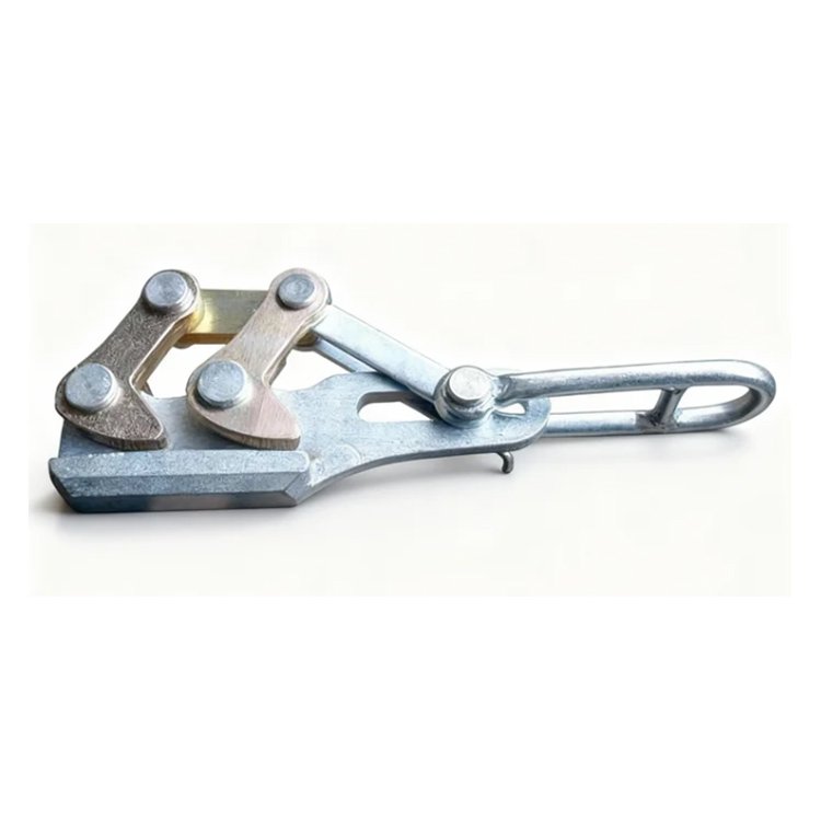Silver metal wire rope grip clamp with dual jaws, lever handle, and riveted construction for secure cable holding.
