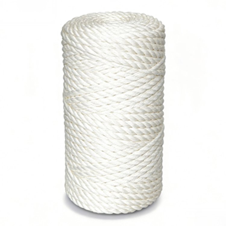 Spool of durable white twisted rope for multipurpose tasks, featuring a smooth, strong texture