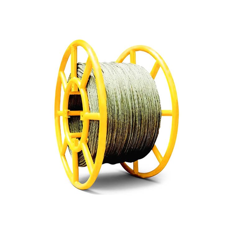 Yellow plastic reel holding heavy-duty wire rope, ideal for excavator construction applications.