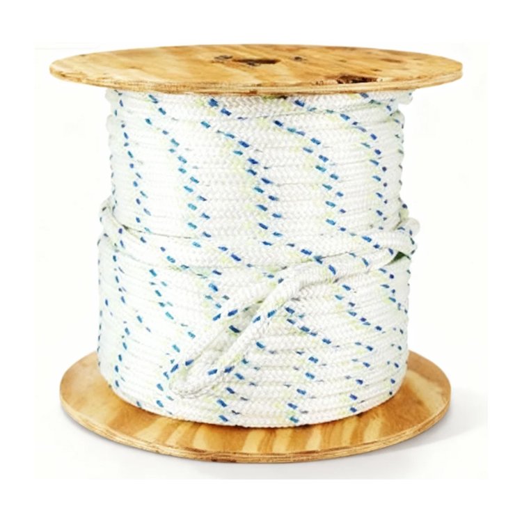 White synthetic rope with blue flecks coiled on a wooden spool, suitable for heavy-duty industrial or construction applications.
