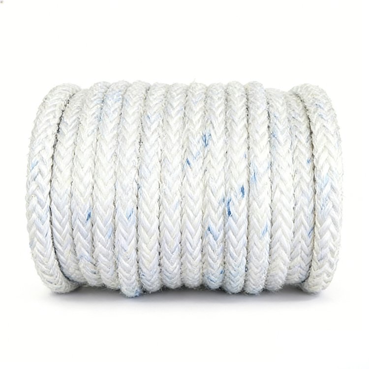 Coiled white braided rope with blue flecks, tight durable braiding for strength and versatile use