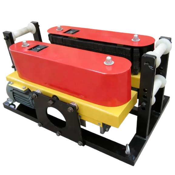Electric cable pulling machine with red covers, yellow base, and motor, for cable laying in utility projects.