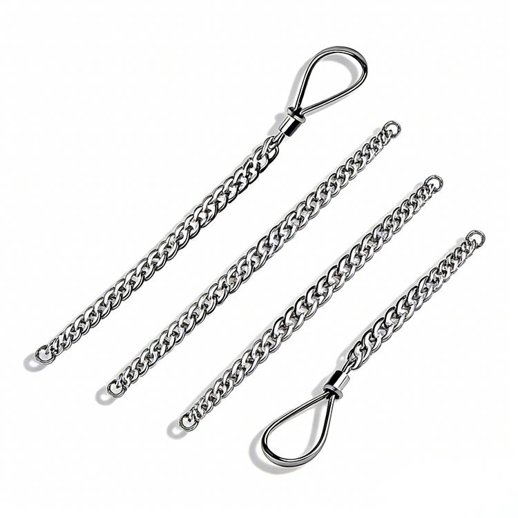 Silver heavy-duty excavator tow chain with two secure hooks, ideal for rugged job site recovery tasks.