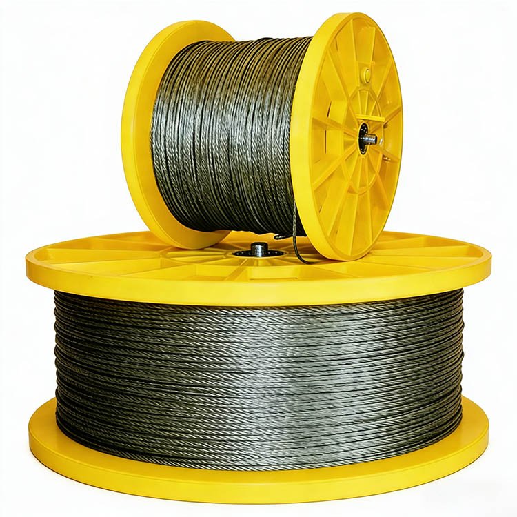 Two yellow plastic reels holding coiled gray steel wire rope, ideal for heavy machinery like excavators.