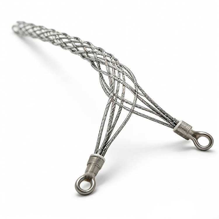 Multi-leg stainless steel wire rope sling with metal loop ends, showcasing braided strands for industrial rigging and lifting.