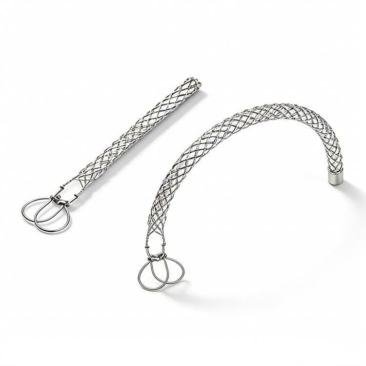 Two stainless steel wire mesh whisks with ring handles, one straight, one curved, on white background.