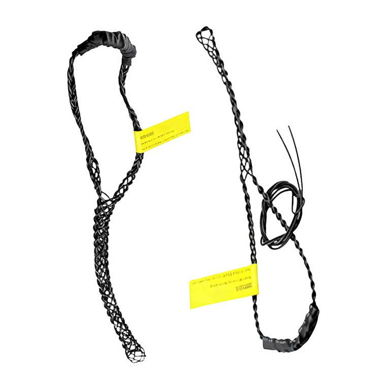 Black braided excavator lifting wire rope assembly with loops, yellow tags, and braided design for heavy-duty applications.
