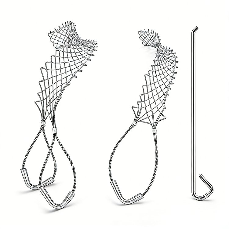 Two net-style excavator grapple attachments with cable loops and a metal hook, ideal for debris and material handling.