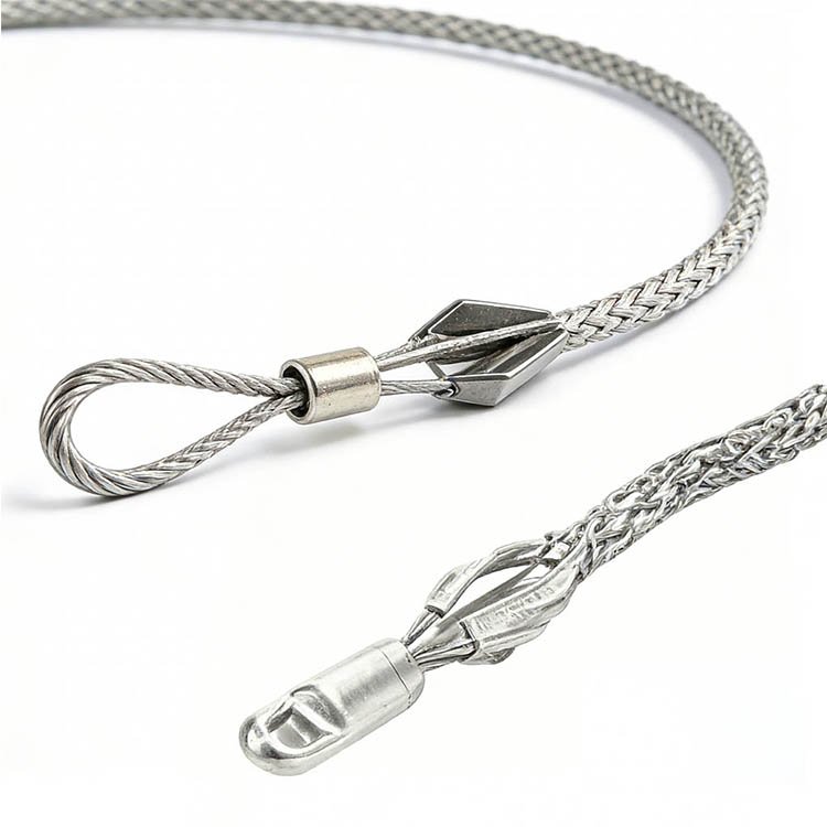Close-up of stainless steel wire rope with braided design, loop end, and metal connector for industrial rigging or lifting tasks.