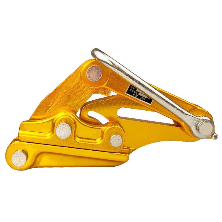 Yellow aluminum cable puller tool with metal components, designed for secure wire rope gripping in construction and electrical tasks.