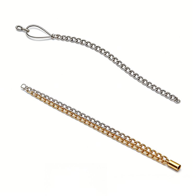 Two metal chains: silver with hook clasp, gold with cylindrical clasp, suitable for jewelry or craft DIY projects