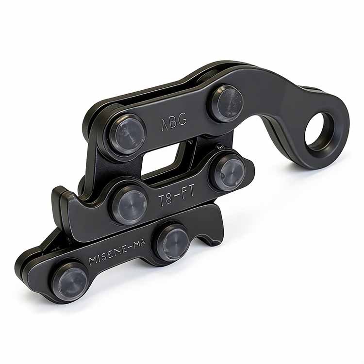Black heavy-duty excavator hydraulic coupler with metal pins, designed for secure tool attachment in construction machinery.