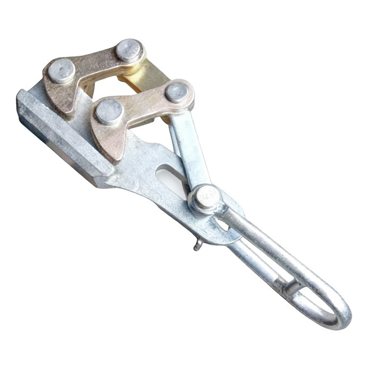 Silver metal wire rope tension grip with dual jaws, lever handle, and riveted build for secure cable holding.