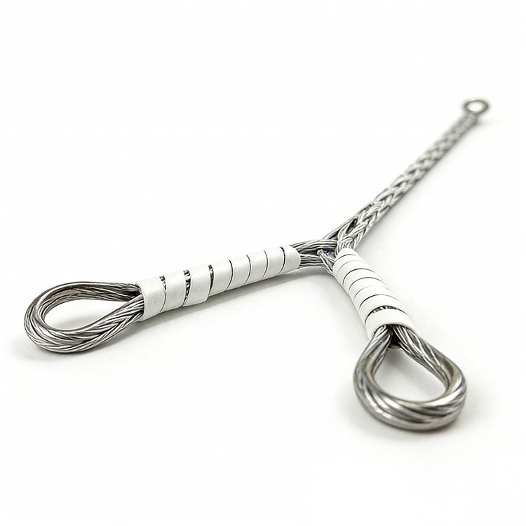 Stainless steel braided wire rope assembly with metal loops, corrosion-resistant, ideal for rigging and lifting applications.