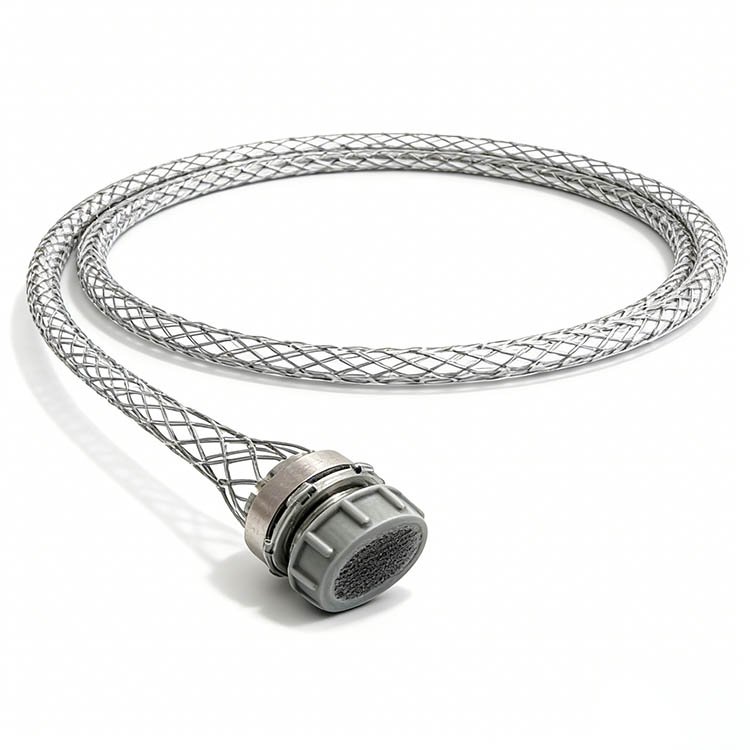 Close-up of a stainless steel wire rope terminal with braided cable, showing a metallic threaded fitting for reliable attachment.