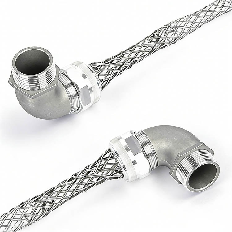 Two flexible braided metal hoses with stainless steel elbow fittings, featuring threaded connections and braided outer layers for industrial applications.
