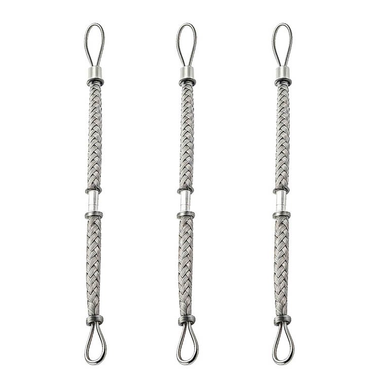 Stainless steel braided cable with metal loops, central connector for secure industrial/lifting attachment.