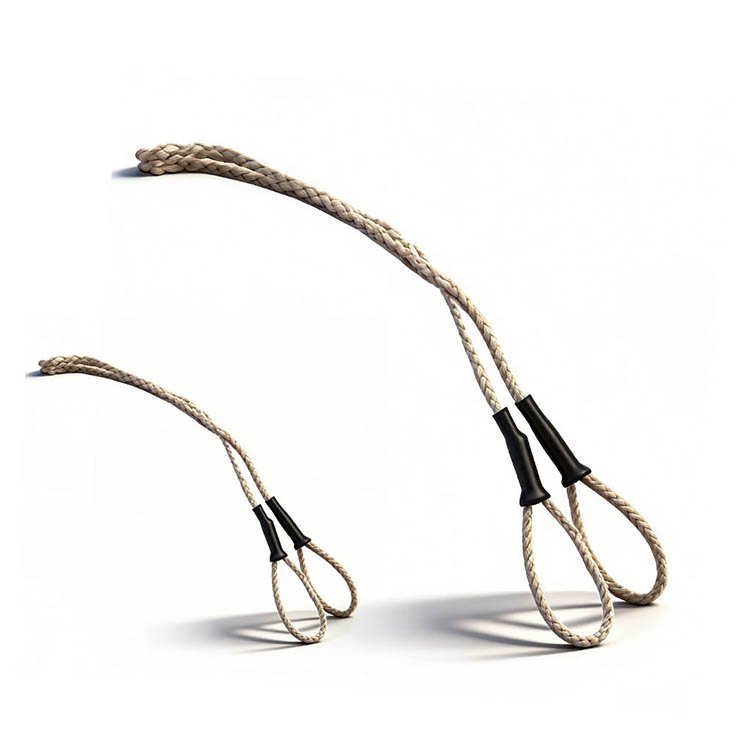 Close-up of four heavy-duty braided ropes with black connectors, featuring secure loops for excavator towing and lifting tasks.