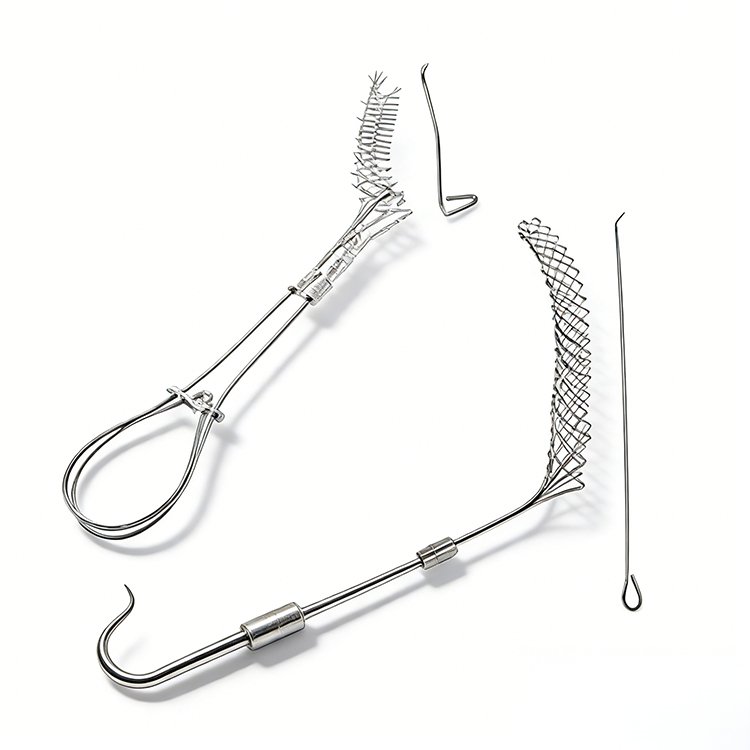 Laparoscopic surgical mesh retractor with coiled and mesh components, designed for precise tissue manipulation in minimally invasive surgery.