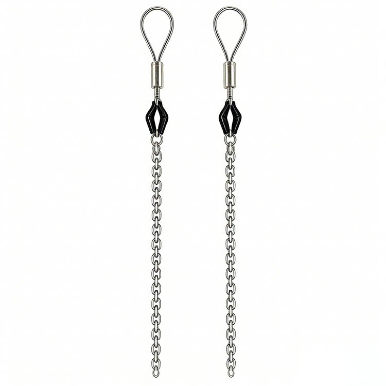 Two metal fishing swivels with black diamond-shaped swivel bodies and stainless steel chains, used for fishing line connections and rotational movement.