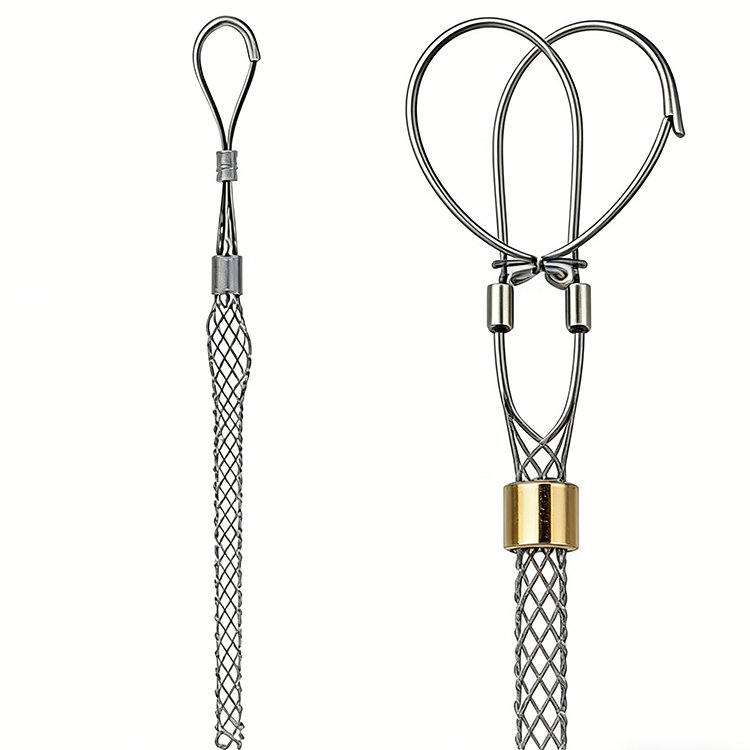 Stainless steel wire rope slings with metal hooks, braided mesh, and crimped connections for lifting applications.