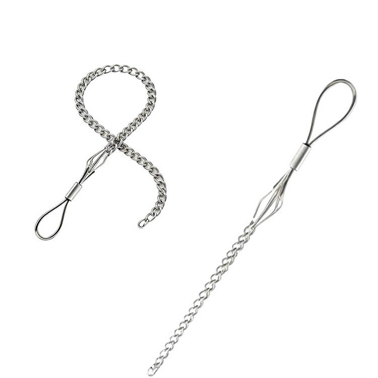 Stainless steel fishing swivel chain with loops and swivel connector, ideal for secure fishing line attachments, durable and corrosion-resistant.