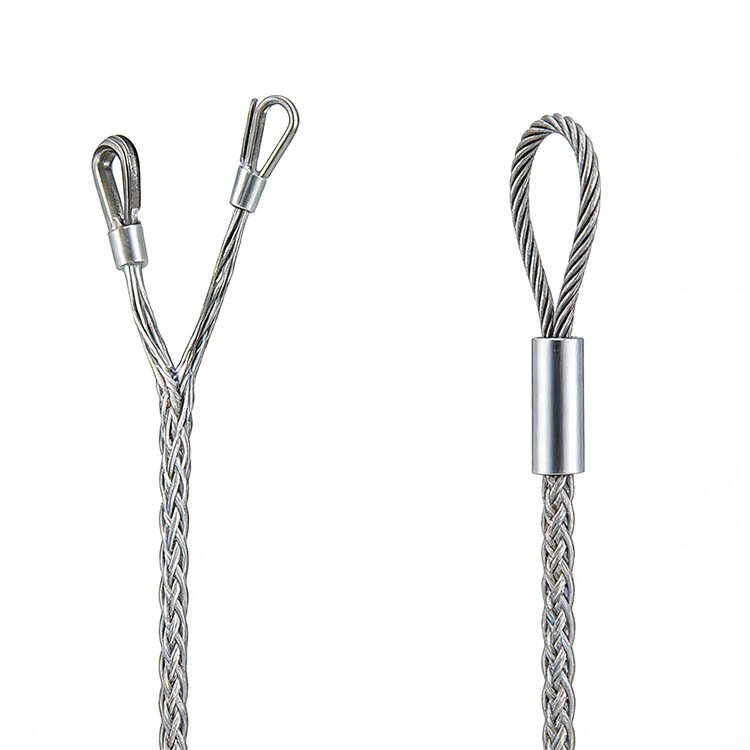 Stainless steel braided rigging cables with metal loops and ferrules, built for heavy-duty attachment and rigging tasks.