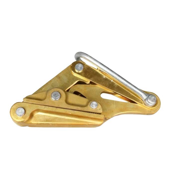 Two yellow heavy-duty cable puller tools with metal hooks, designed for secure wire rope gripping and pulling in industrial settings.