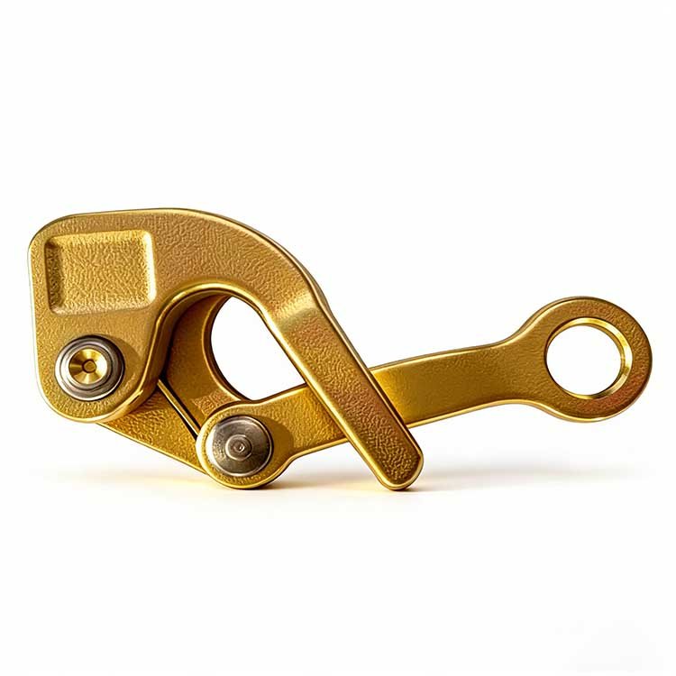 Gold excavator quick coupler with lever and metal fasteners, designed for heavy machinery attachment efficiency.