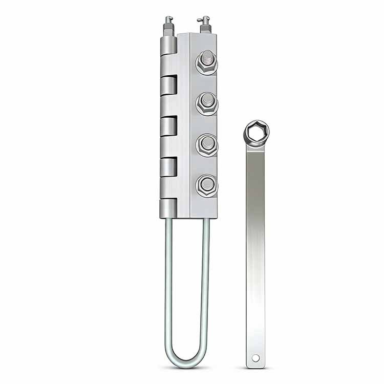 Excavator hydraulic cylinder assembly with bolts, U-bolt, and wrench, featuring durable metallic construction for heavy machinery.