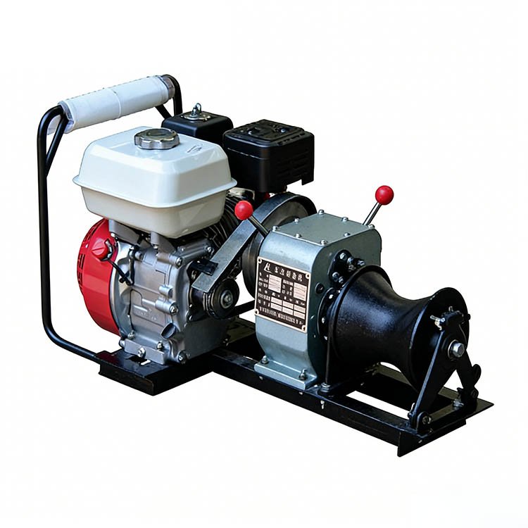 Gasoline-powered winch with red engine, yellow cable drum, black frame, and control levers for heavy-duty pulling