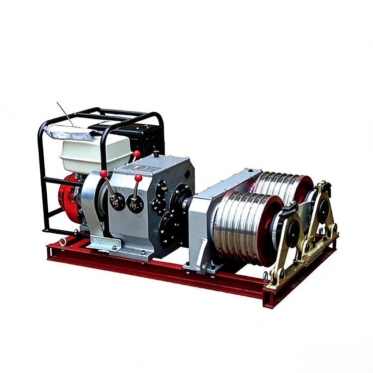 Double drum gasoline winch with red base, metal reels, control levers, and engine for heavy-duty pulling and lifting operations.