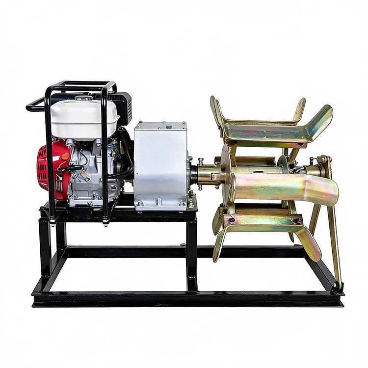 Gasoline-powered winch with red engine, silver gearbox, gold cable drum, and black frame for heavy-duty pulling tasks.