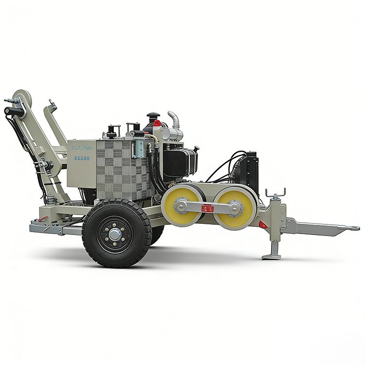 Trailer-mounted hydraulic cable puller with yellow pulleys, engine, and storage unit, designed for power line construction and maintenance.