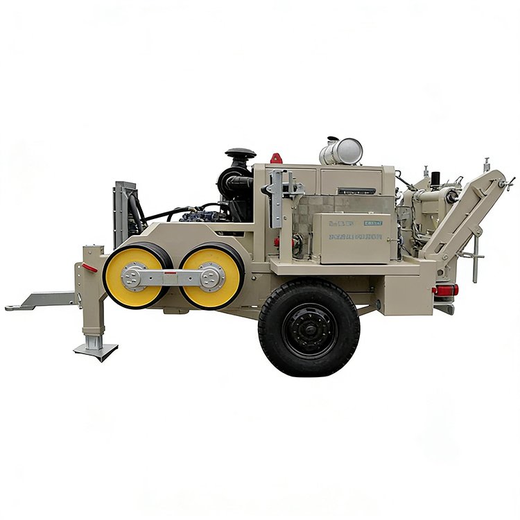 Trailer-mounted hydraulic cable puller with large yellow reels, engine, and cooling system for power line installation