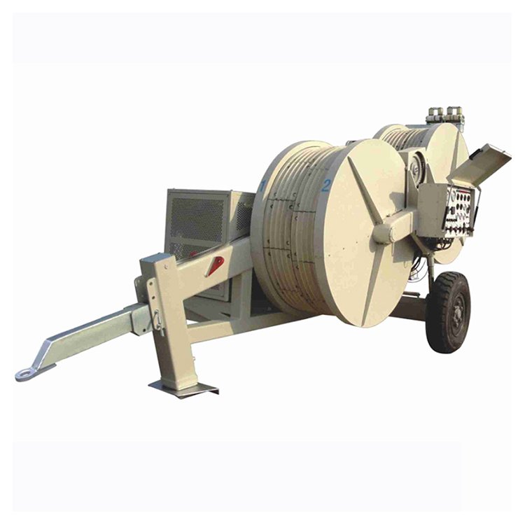 Mobile hydraulic cable puller with large cable spool, control panel, and wheels for power line construction.
