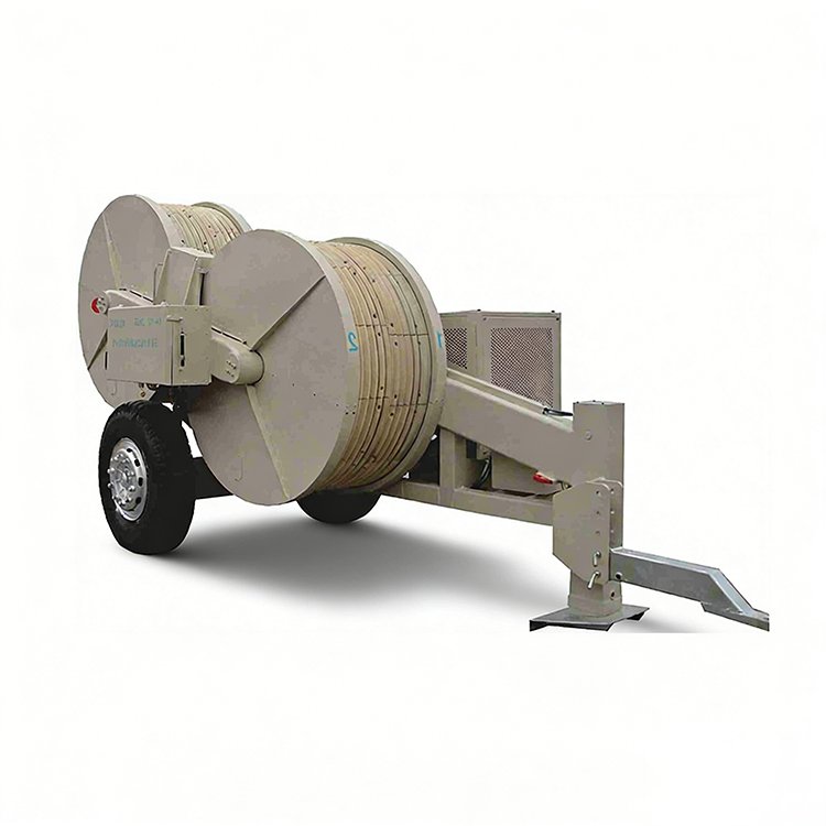 Mobile hydraulic cable reel puller with control panel, large cable spool, and wheels for efficient cable installation/pulling operations.