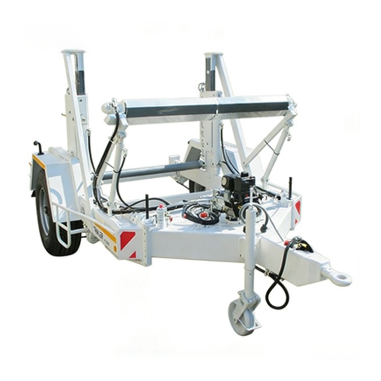 Two hydraulic reel trailers with robust frames, hydraulic systems, and single-axle design for cable/pipe reel transport.