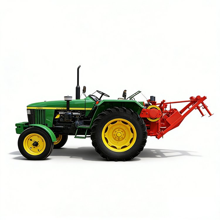 Green tractor with yellow wheels and red rear agricultural implement, isolated on white background.
