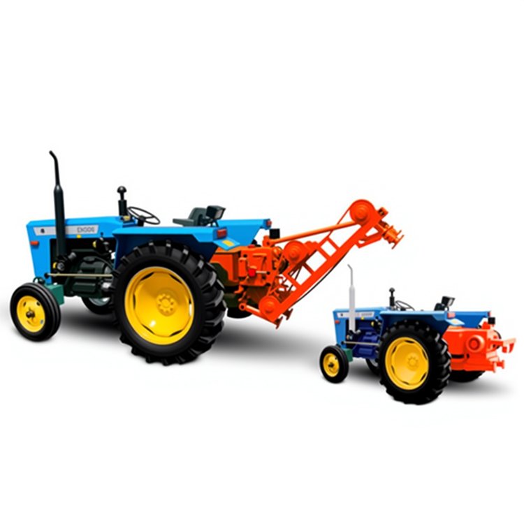 Two blue tractors with yellow wheels, one equipped with a large orange hydraulic excavator attachment, showcasing farm machinery for digging and trenching.