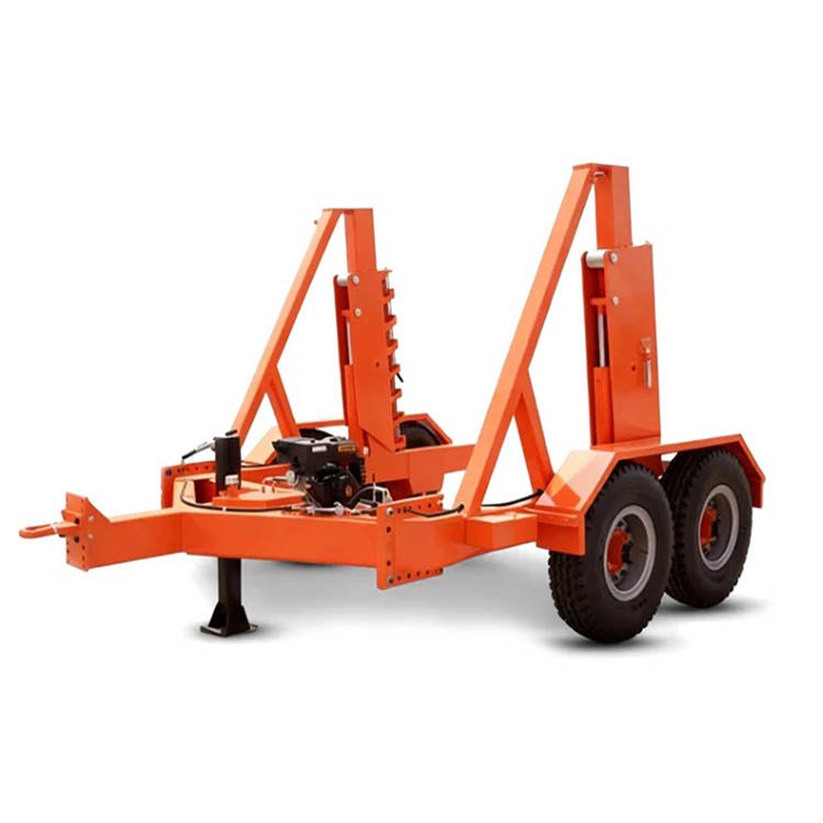 Orange hydraulic cable reel trailer with dual wheels, engine, and adjustable reel supports for cable handling.