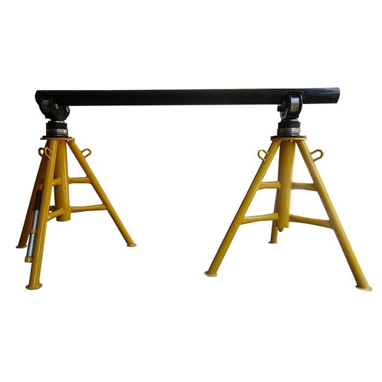 Yellow heavy-duty adjustable cable reel stand with black spool shaft, stable triangular base, adjustable feet for utility work.