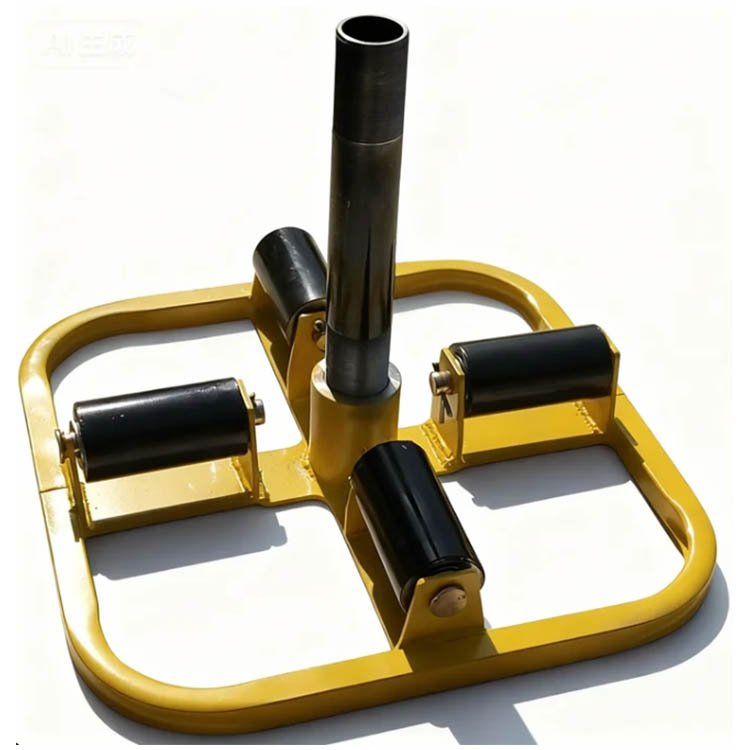 Yellow excavator pipe roller attachment with four black rollers and central shaft, on a wooden surface