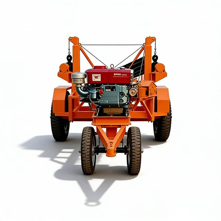 Orange portable cable winch trailer with red engine, sturdy frame, and winch system, designed for heavy-duty lifting and pulling operations.
