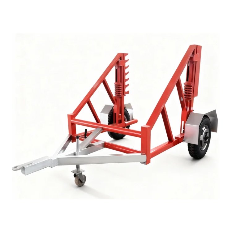 Red and silver cable reel trailer with wheels, hydraulic lifts, and a tow hitch, designed for transporting cable spools.