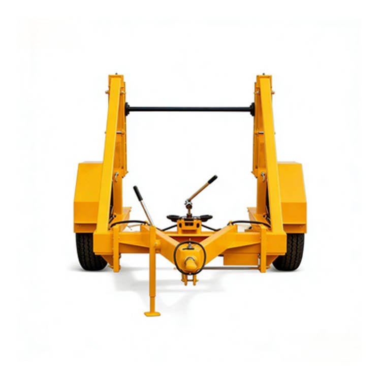 Yellow hydraulic cable reel trailer with two wheels, hydraulic controls, and reel mounting for cable transport