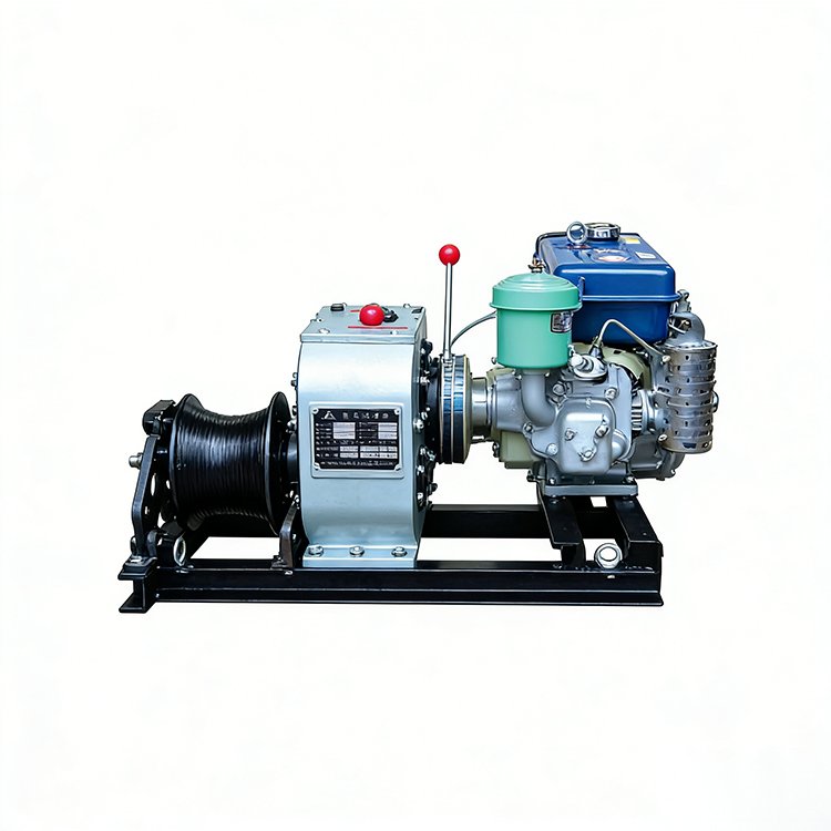 Diesel engine-powered winch with black cable, control levers, and sturdy base for heavy-duty pulling/lifting