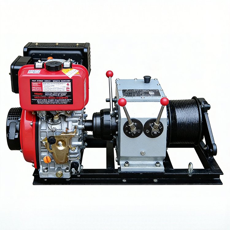 Diesel engine-powered portable winch with red control levers, black winch drum, and compact metal frame for heavy-duty lifting and pulling.