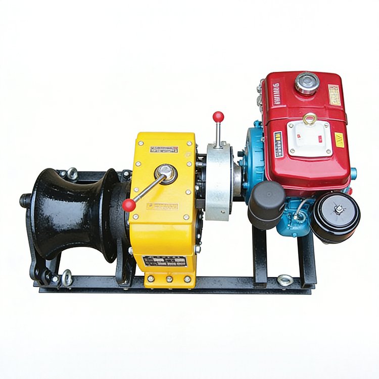 Diesel engine-powered cable winch with yellow gearbox, black drum, red control levers, mounted on sturdy base for heavy-duty operations.