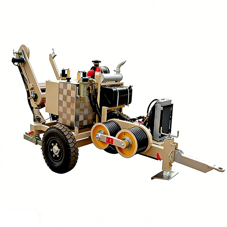 Trailer-mounted hydraulic cable pulling winch with blue engine, beige body, large wheels, and dual pulleys for power line work